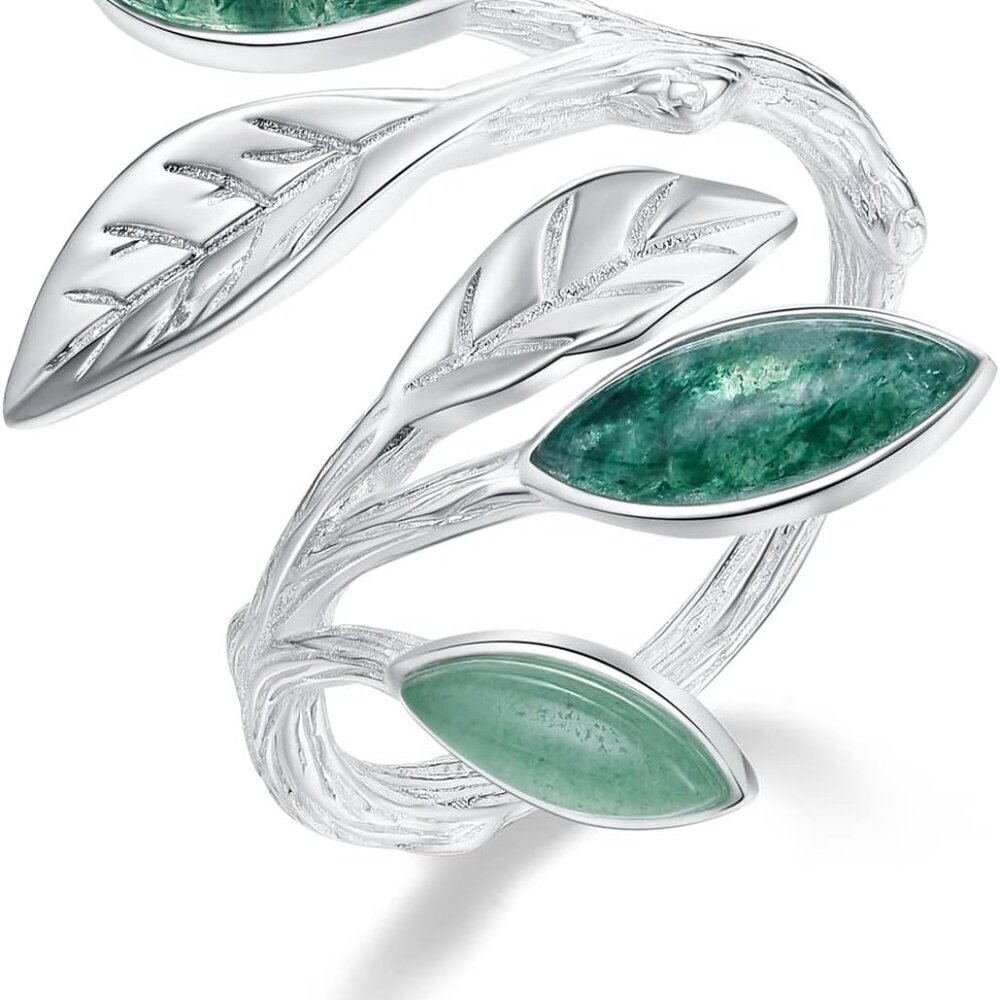 S925 Sterling Silver Marquise Shape Jade Aventurine Open Leaf Ring Olive Leaf Ri